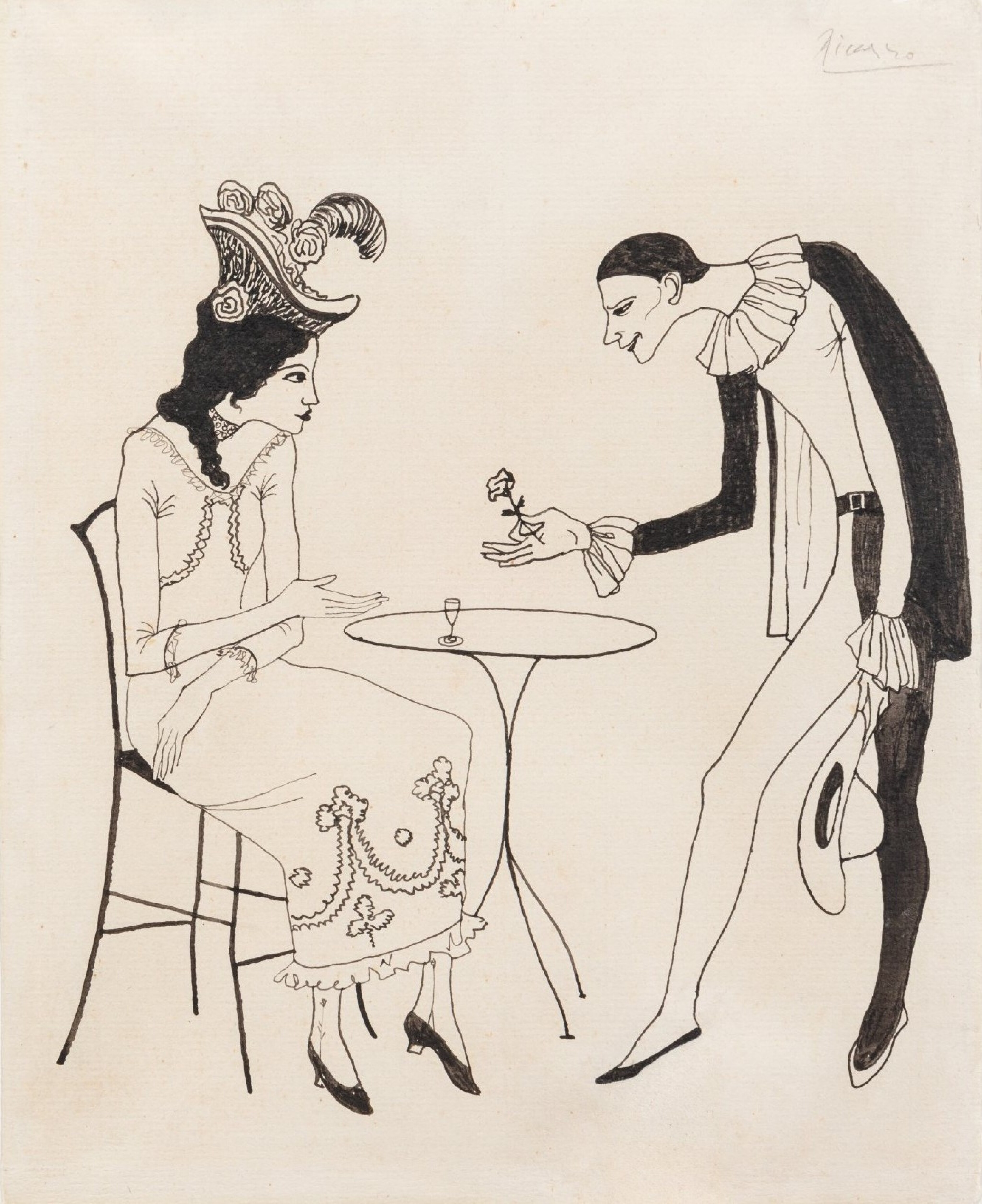 Jeune femme au café courtisée par un pierrot (L'Offrande)