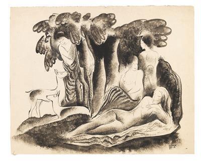 Woman's nudes and deer in the forest