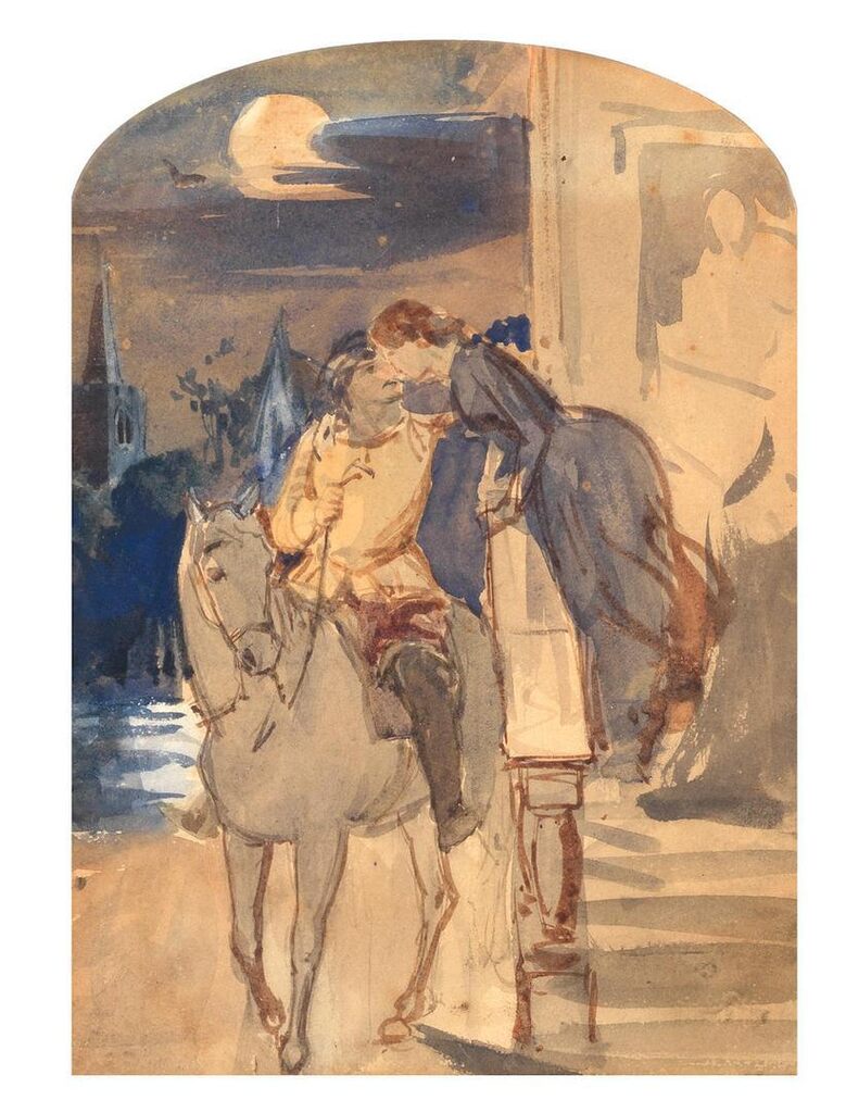 Lovers embracing by moonlight