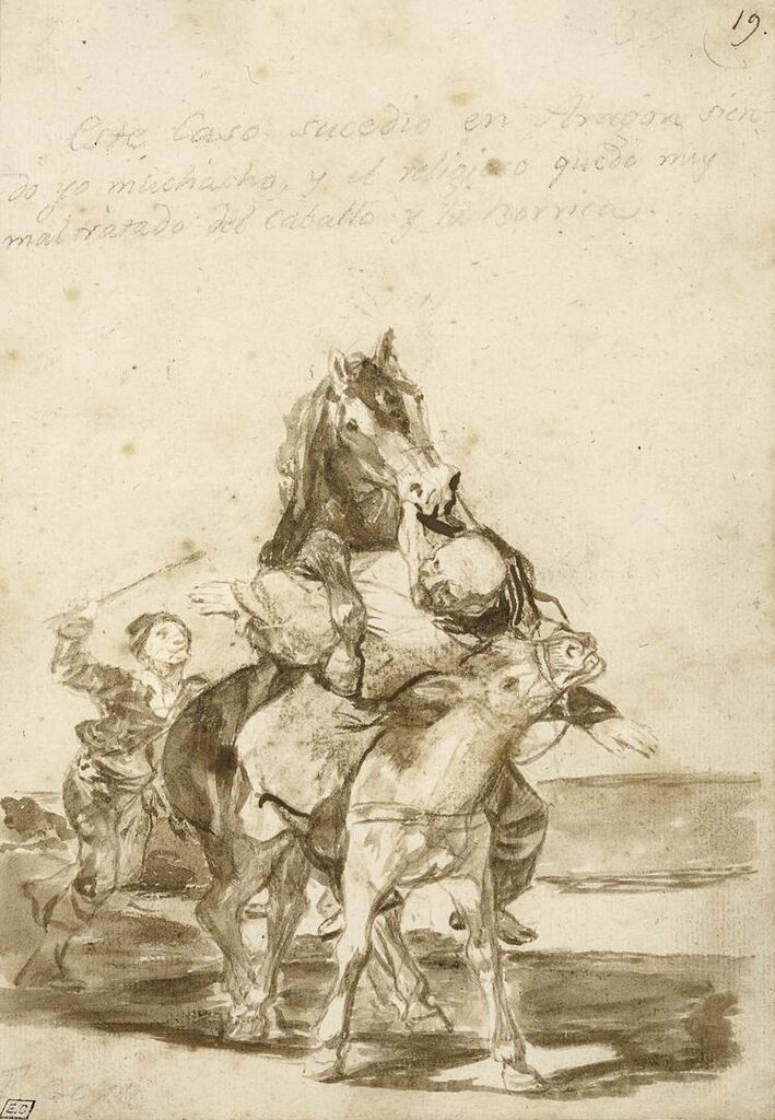 A horse covering a she-donkey, while straddling a monk riding it