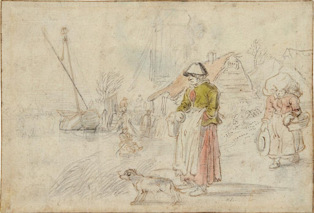 Two women and a dog on the bank of a frozen river near a village, to the left a boy on a sledge