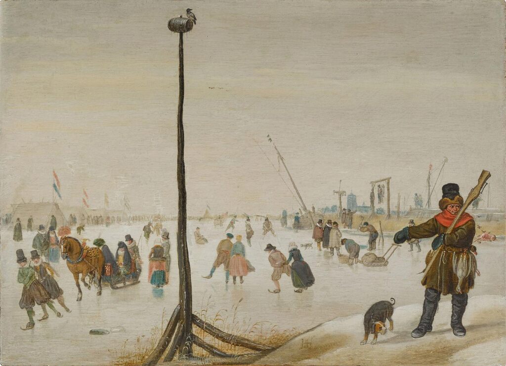 Winter landscape with a duck hunter and his dog, skaters on a frozen river, and a village beyond