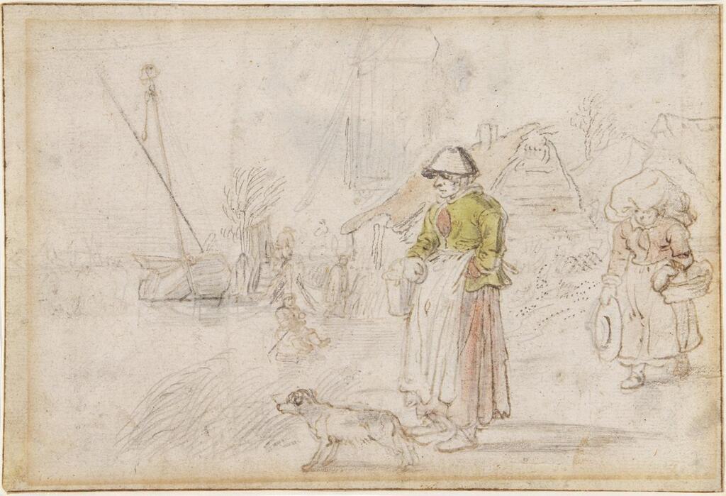 Two women and a dog on a river bank near a village, to the left a boy on a sledge