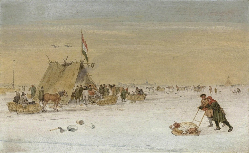 A winter landscape with figures on the ice by a koek-en-zopie tent