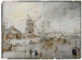 A winter landscape with figures on a frozen river near a windmill