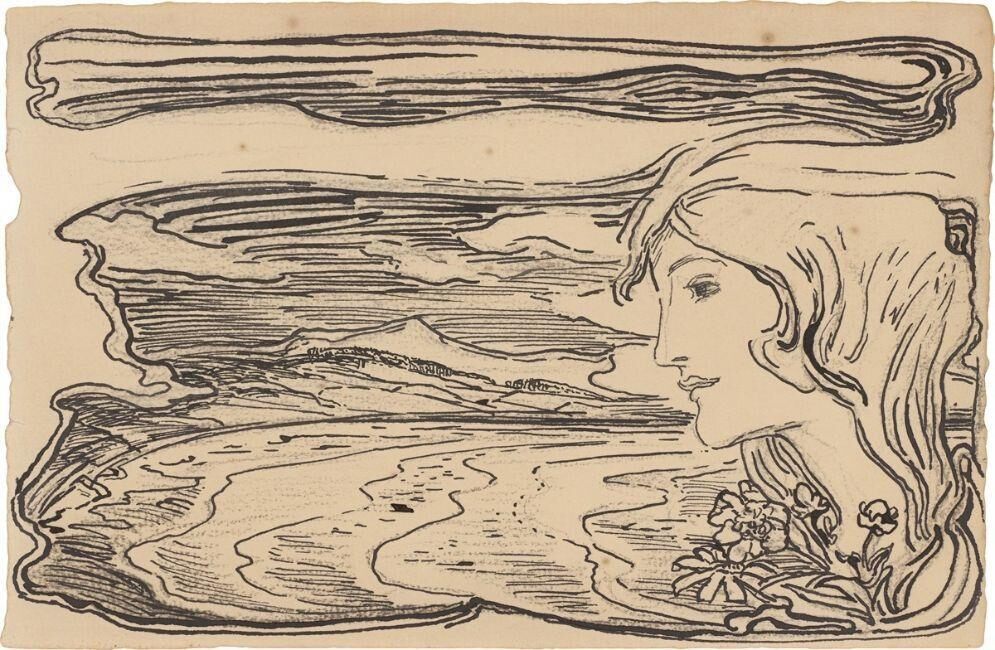 Woman's head in front of a coastal landscape