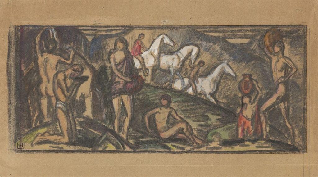 Scene with bathing women and horse men