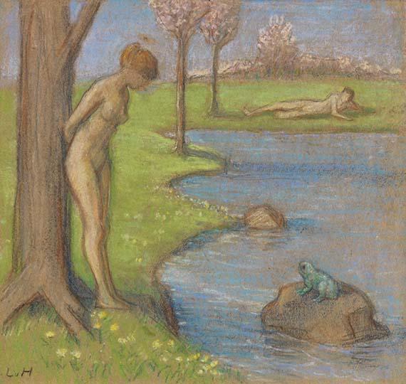 Frühlingslandschaft mit Paar am Froschteich