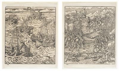 The Weisskunig in a battle (sheet 170: Ain slaughter so the tenetten kunig lost with the red Weisskunig and there was slain), King Philip's distress at sea on the outward journey (sheet 168: Die Wassernot kunigs Philipsen. Im driving into it), from the cycle: The "Weißkunig" of Emperor Maximilian I