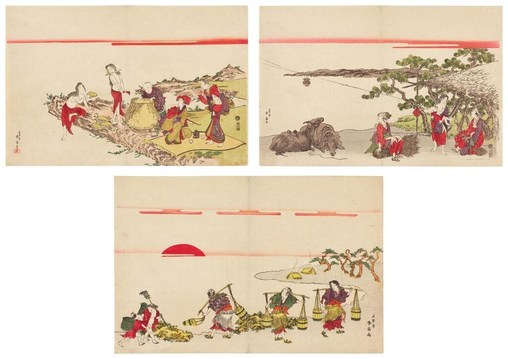 Women gathering salt from the sea using buckets, salt burner’s huts in the distance, signed Kanshosai Shunsen ga; Awabi divers, signed Shunkosai Shunsen ga, censor's seal kiwame, published by Izumiya Ichibei (Kansendo); Women and oxen, signed Shunkosai Shunsen ga, censor's seal kiwame, published by Izumiya Ichibei (Kansendo)