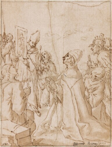 Pope Gregory kneeling before a painting of the Virgin