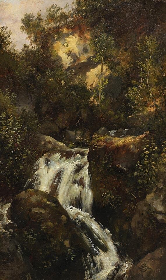 Felsenstudie mit Wasserfall (herabstürzender Wildbach, von Bäumen umgeben)