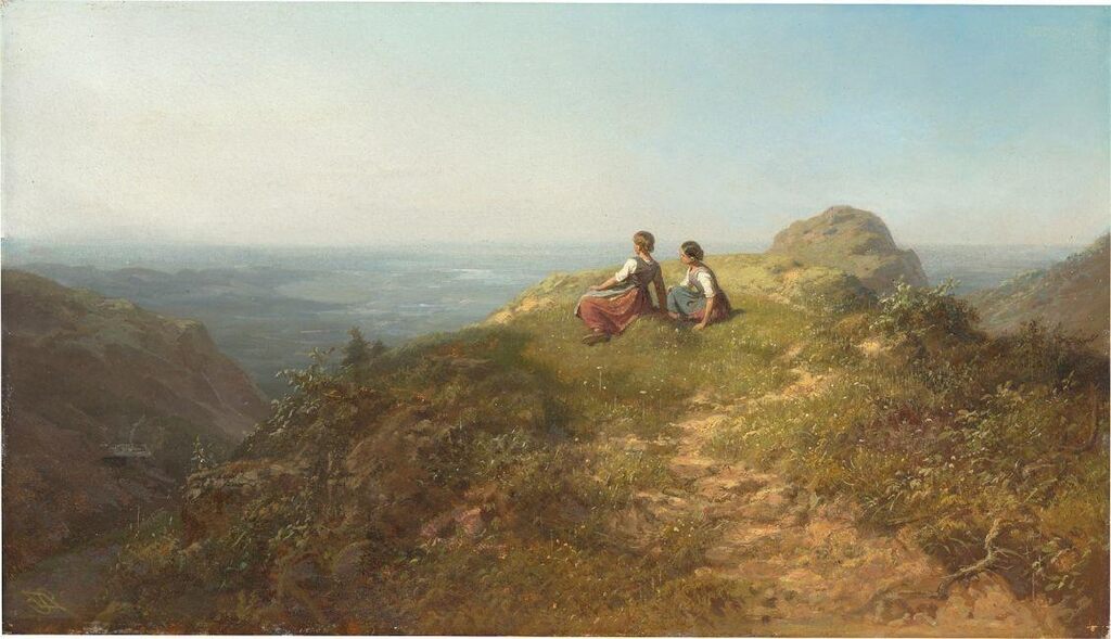 ”Auf der Alm (Zwei auf einer Felsnase sitzende Mädchen, links in der Talschlucht die Almhütte)”