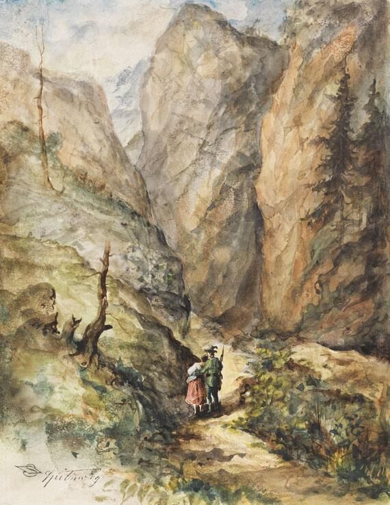 Jäger und Mädchen (Berglandschaft mit Liebespaar- Felsenschlucht mit Jäger und Mädchen)