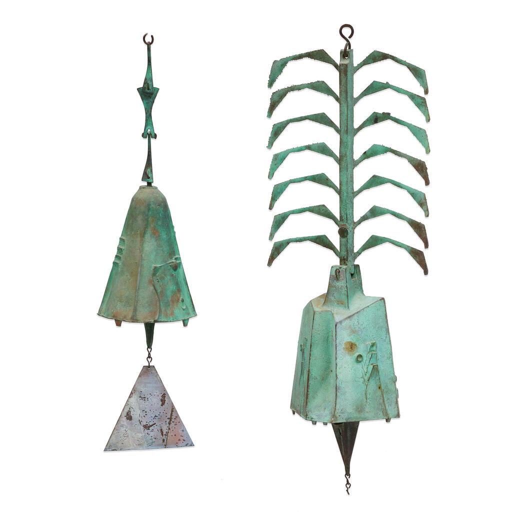 TWO BRONZE PATINATED WIND BELLS