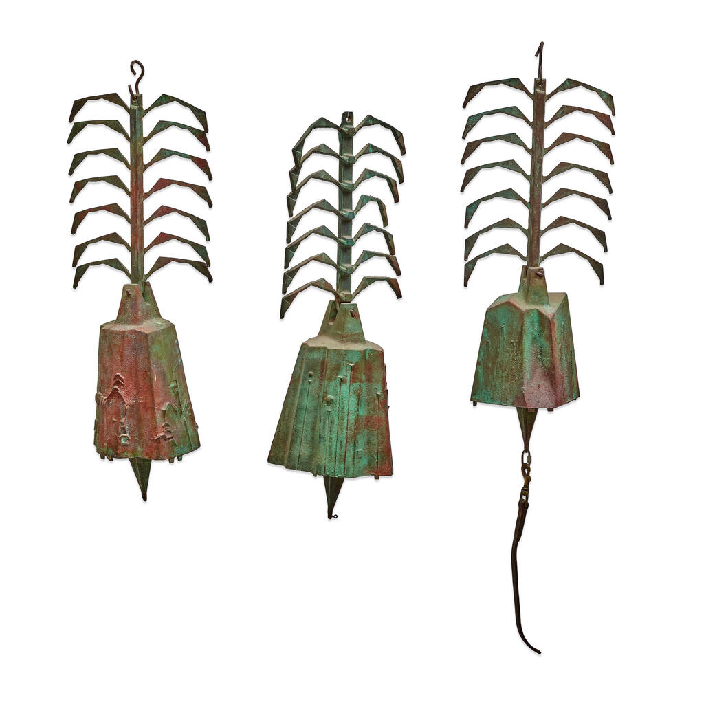 A GROUP OF THREE PATINATED BRONZE WIND BELLS