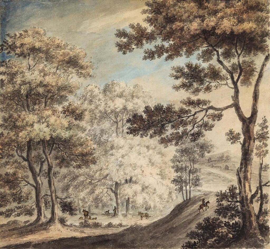A traveler in a woodland landscape