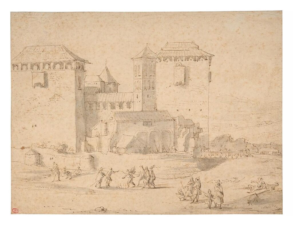 Front: View of Notre Dame de Paris; Back: Landscape with a castle