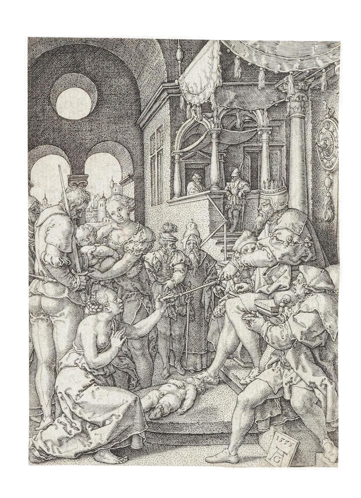 The Judgement of Solomon; David tearing his clothes in grief; Sophonisba; Sextus Tarquinius and Lucretia; St Mark; Adam with a Lion; Children dancing under a canopy; Double scroll leaf ornament with a putto