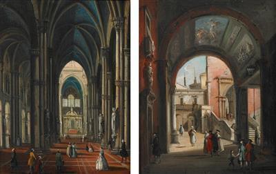 Interior of Milan Cathedral and Elegant Figures under a Portico