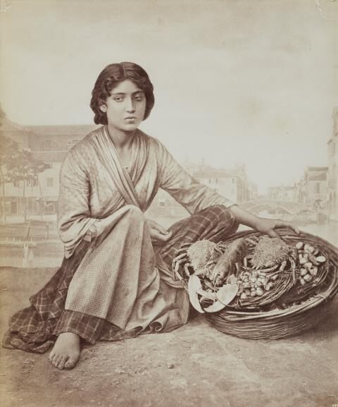 116. Barque de Chioggia conduisant des femmes du peuple au bain - Ile de Chioggia près Venise; 121. Untitled (Young woman); 123. Untitled (Woman with fish basket); 125. Pecheurs raccomodant les filets et une marchande de citrouille rotie - Ile de Chioggia près Venise; 126. Pecheurs portant ses filets - Ile de Chioggia près Venise; 135. Untitled (Genre scene by the fountain); 136. Type d'un gondolier - Venise; 140. Des mendiants - Venise; 147. Vieux marchand de poissons debout - Venise; 191. Pescheria - Venezia