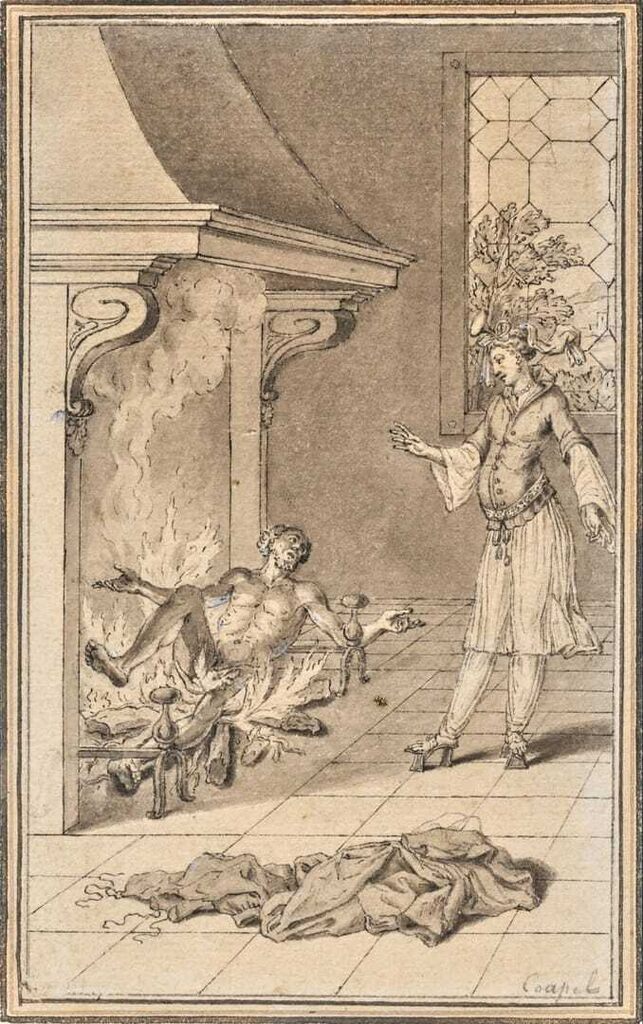 Saint François se jettant dans le feu pour résister aux avances d'une jeune femme