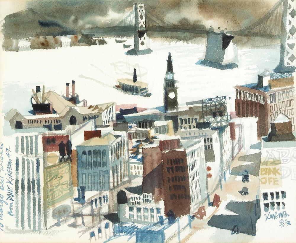 View of Ferry Building with Bay Bridge in the Distance, San Francisco