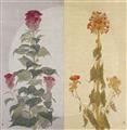 Two panels with cockscomb plants by an unidentified female artist. Early 20th century