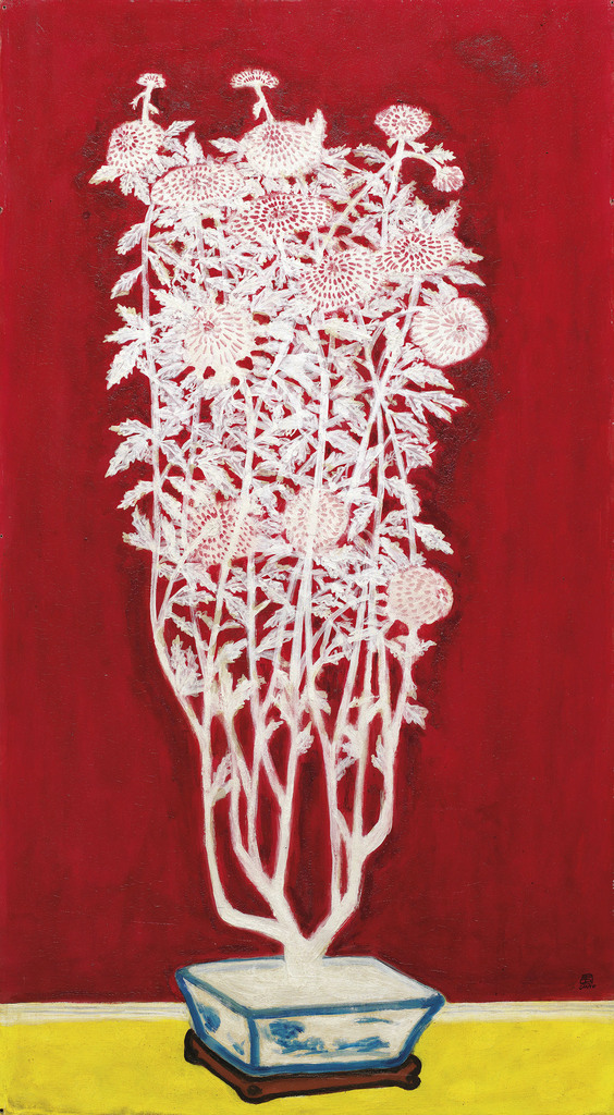 Chrysanthèmes blanches dans un pot bleu et blanc (White Chrysanthemum in a Blue and White Jardiniere)