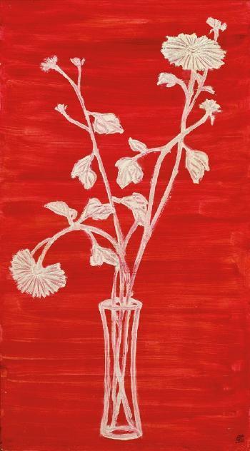 Sanyu, Vase of chrysanthemums with red ground ,