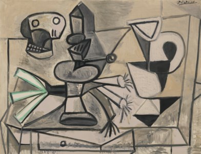 Crâne, lampe, poireaux, vase