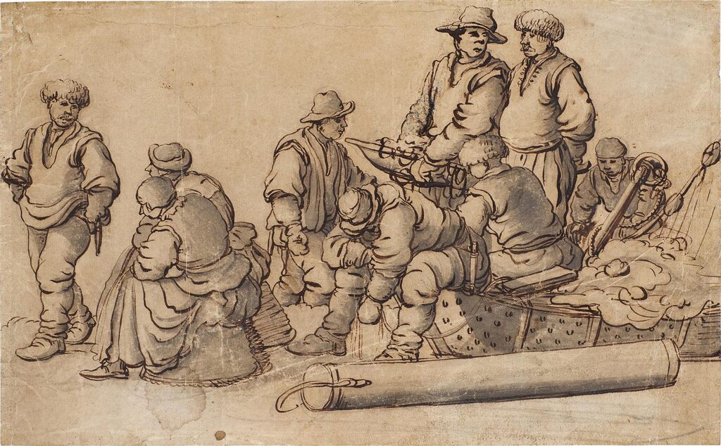 Fisherfolk on the shore, with a boat and nets