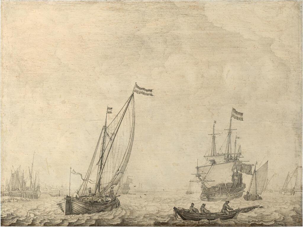 A coastal scene with a three-master, a kaag on a broad reach and other small vessels, a penschilderij