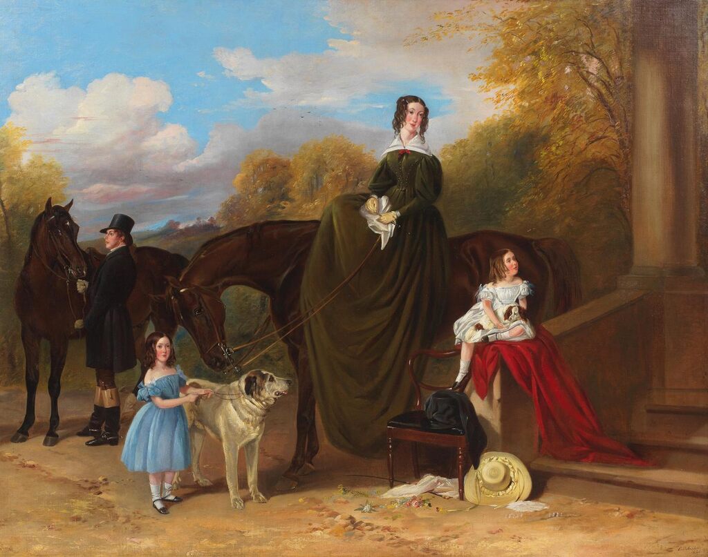 Lady Caroline Harriet Towneley with her daughters Caroline and Emily outside Croxteth Hall