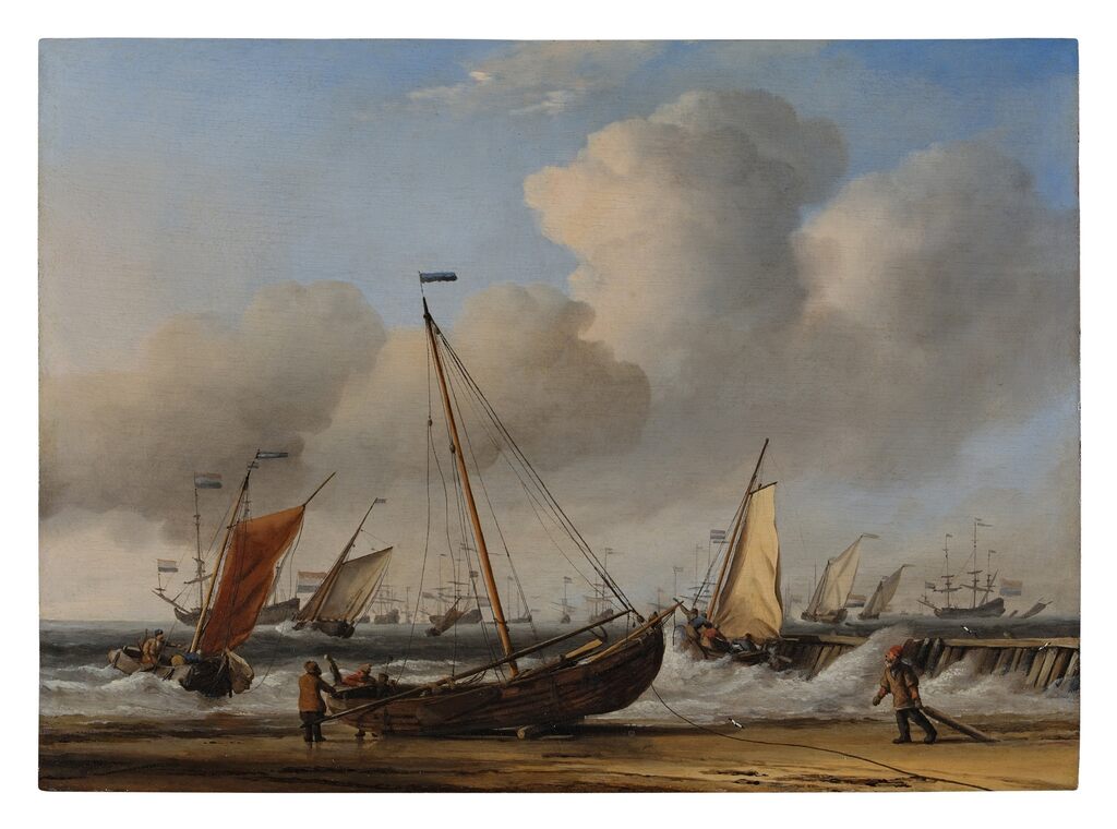 A fishing pink hauled up on the beach and other vessels under sail in a fresh breeze off the Dutch coast