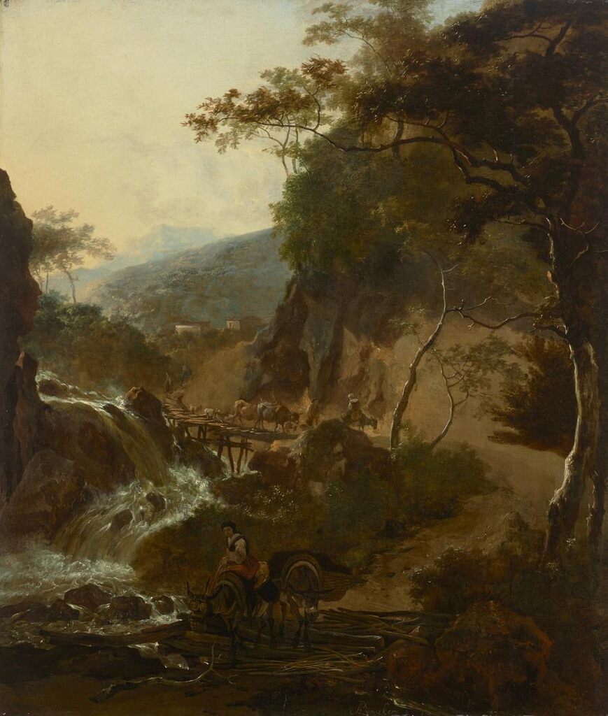 An Italianate landscape with figures and cattle crossing a bridge