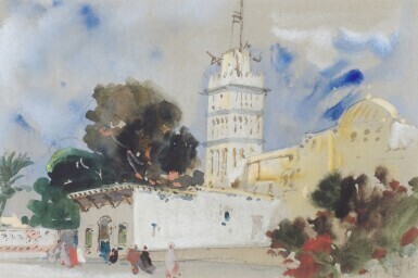 A cathedral square with figures and trees