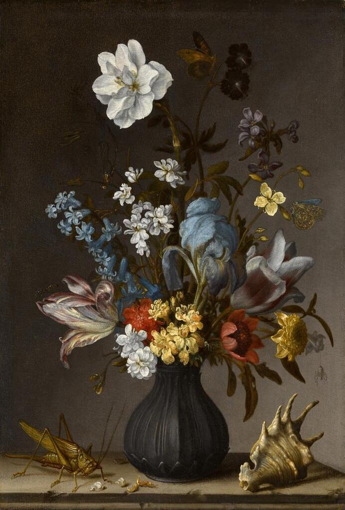 Flowers in a vase on a stone ledge with a sea shell and a grasshopper