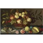 Still life of peaches, apples, grapes, cherries and redcurrants in a basket, with sea-shells, insects, a parrot tulip, a pink rose and further fruit scattered on the stone ledge beneath