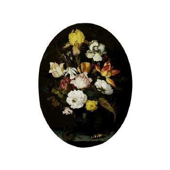 Still life of roses, irises, tulips in glass vase with gilt mounts and lizard