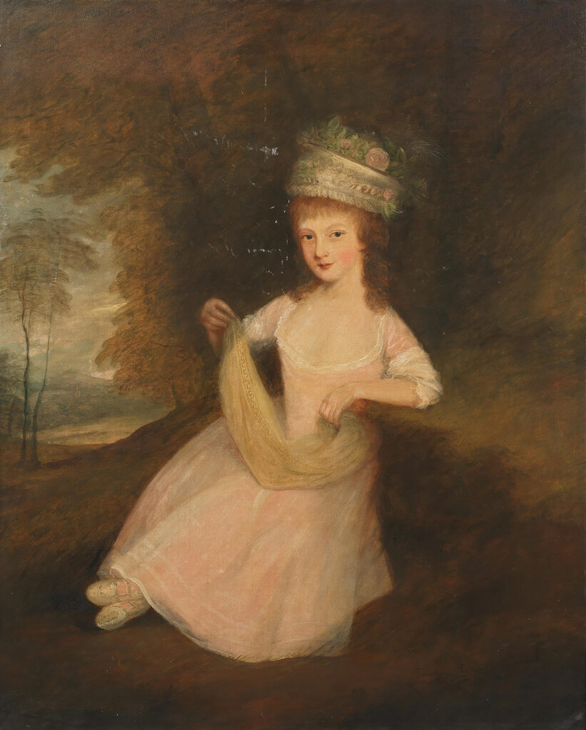 Portrait of Anne Smyth, in a white dress and hat, holding her pinafore in her right hand