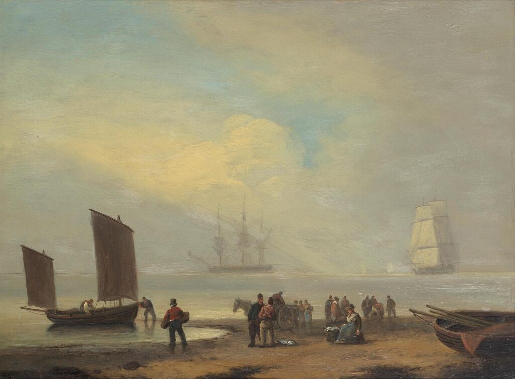 'Calm seashore, fishermen'