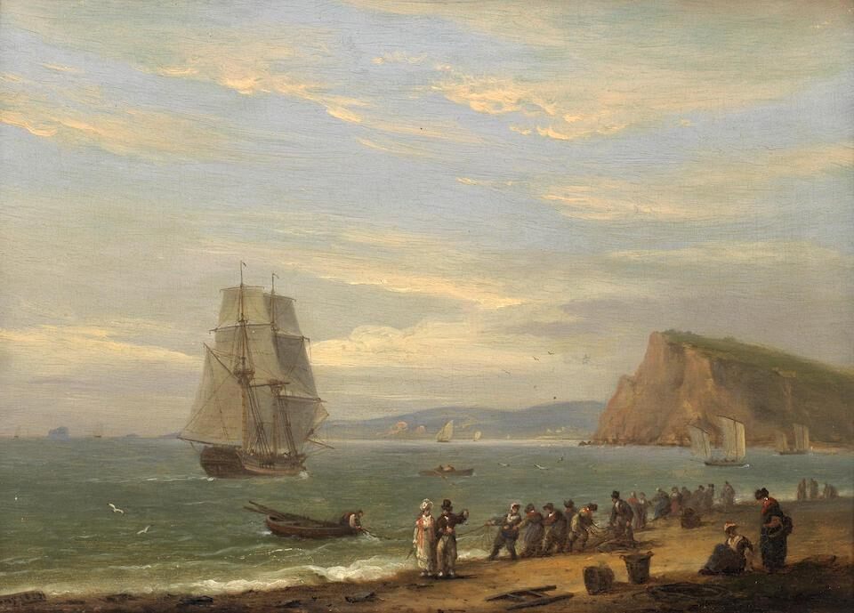 Hauling in the nets on Teignmouth beach, Devon, with Ness Point beyond