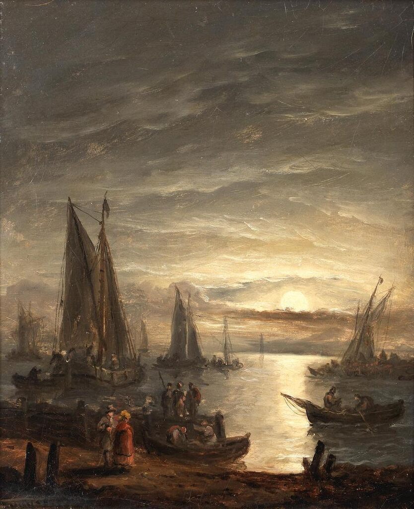 Passengers disembarking a boat at moonlight; A beached rowing boat with fishermen