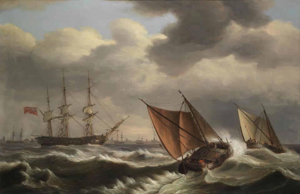 An English frigate and two Dutch barges caught in heavy seas off the coast