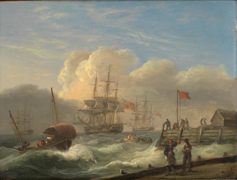 A naval frigate struggling to get underway in a high wind, with similar activity nearby ahead of the approaching squall