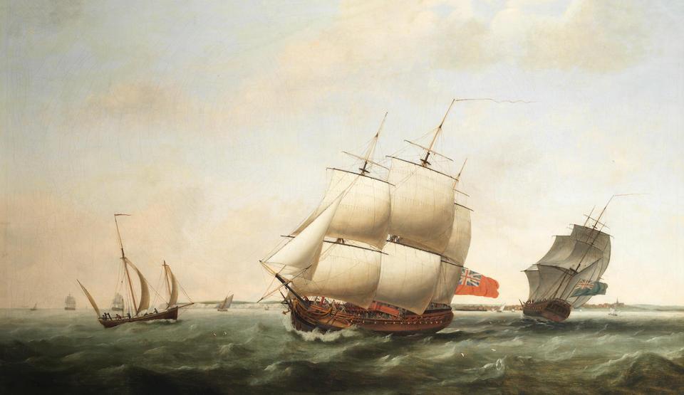 Portrait of the East Indiaman Neptune in two positions off the Downs