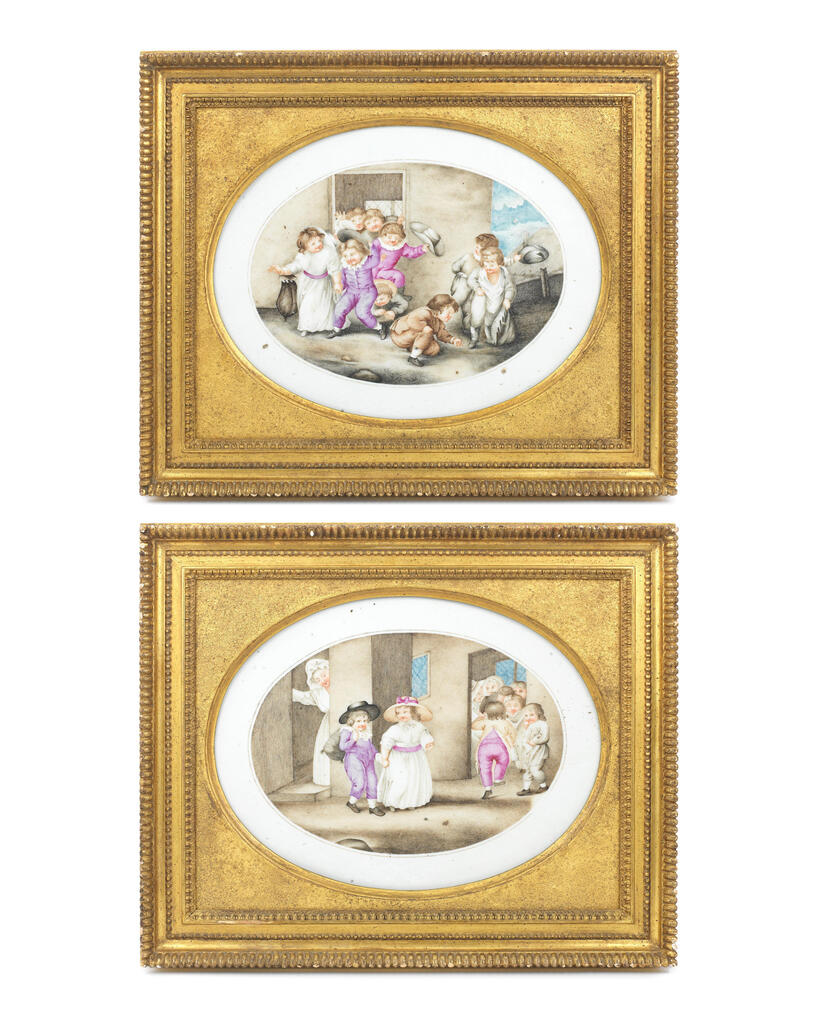 A VERY RARE PAIR OF FAMILLE ROSE 'CHILDREN' PLAQUES