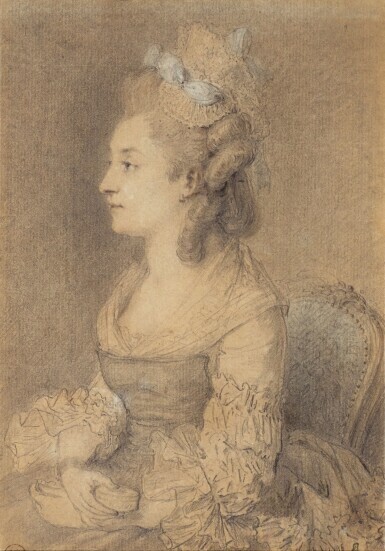Portrait of Madame Augustin de Saint Aubin (née Louise-Nicole Godeau), seated half length, turned to the left, holding a snuffbox, her curly hair up, wearing a white bonnet tied with blue ribbon