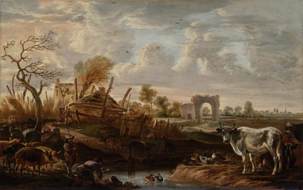 Landscape with farmhands and livestock